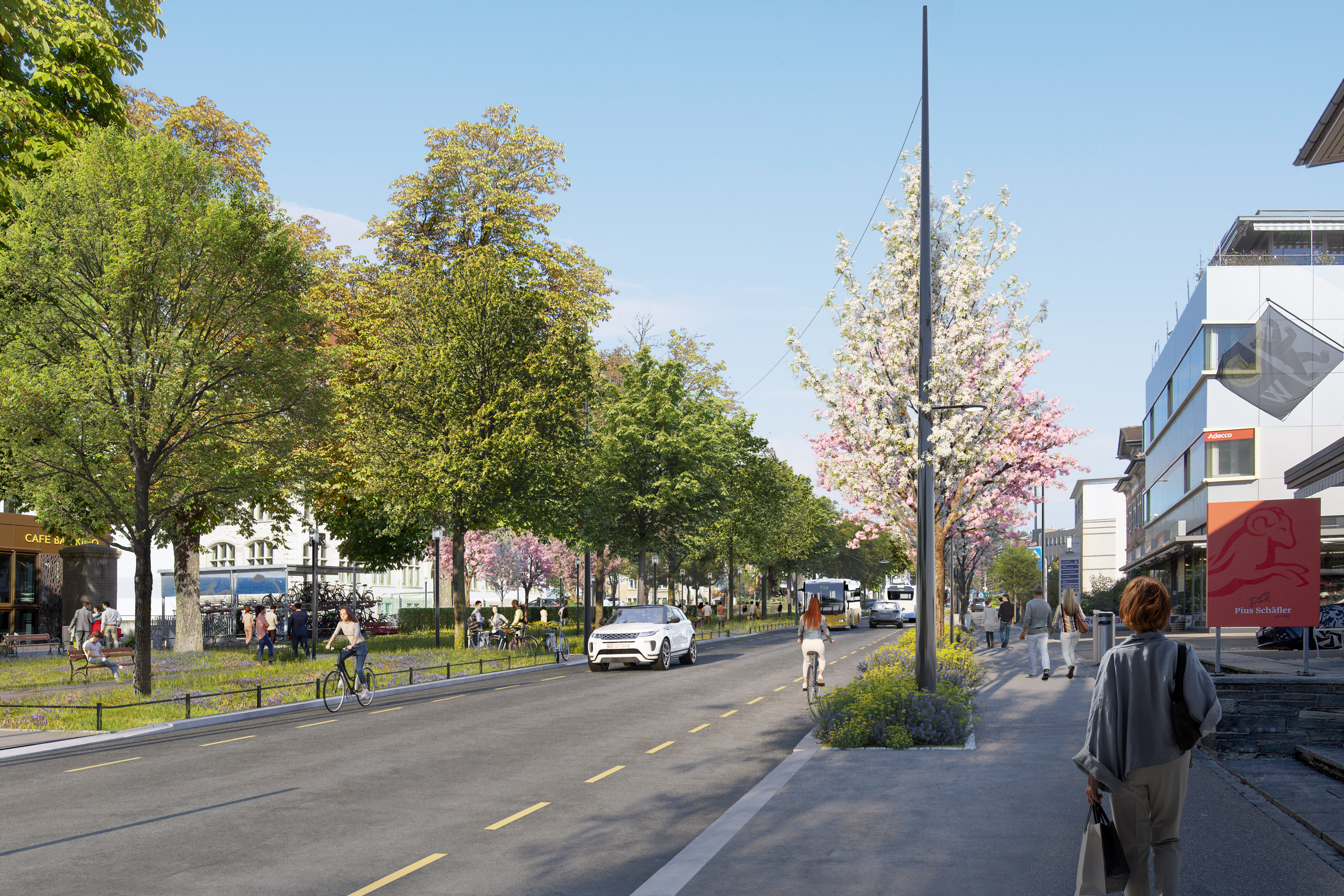 Strasse mit Bäumen und Fussgängern